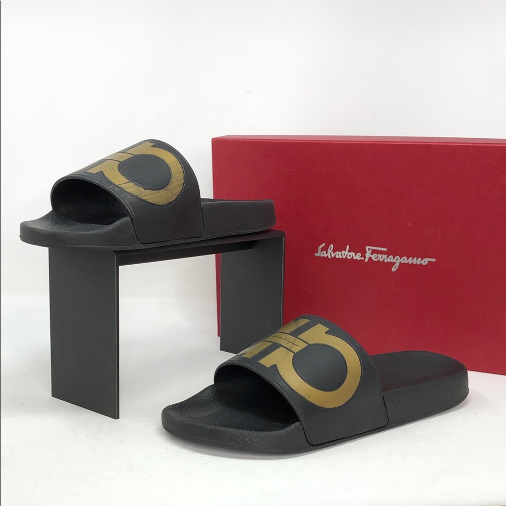 Salvatore Ferragamo Groove Black Gold Pool Slide Sandals - Size 7
